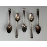 Five antique silver spoons bearing engraved monograms, 66 g