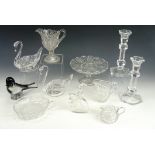 Victorian and later pressed and free blown glass including a small cake stand / tazza etc