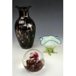 A Selkirk Glass paperweight, an aventurine glass vase and a vaseline glass bon-bon dish