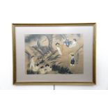 A Japanese woodblock, brush pen and ink and watercolour figural scene, depicting ladies bathing,