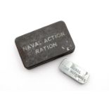 A Second World War Naval Action Ration tin together with a Naval Ear Defenders tin