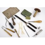 Sundry vintage sewing and matting implements together with Curtis' 1879 "Needlework Exemplified