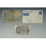 A British Military Authority One Shilling banknote, a British Prisoner of War Air Mail cover, and