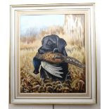 R*** Joicey (20th Century) Sensitive character study of a black labrador holding a pheasant in its