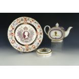 A Mason's Silver Jubilee plate together with a commemorative tea pot and a lidded box