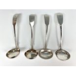 Four Scottish Provincial sauce ladles, fiddle pattern, engraved with an initial, including three