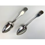 Two George III Scottish Provincial silver table spoons, fiddle pattern, with engraved initials,