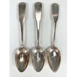 Three George III Scottish Provincial silver table spoons, fiddle pattern, each engraved with a
