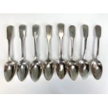 Eight Georgian Scottish Provincial dessert spoons, fiddle and fiddle shell pattern, including