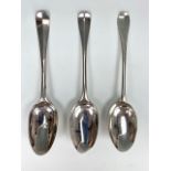 Three George III Scottish Provincial silver table spoons, old English pattern, one engraved with
