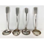 Four Georgian silver Scottish Provincial sauce ladles, fiddle pattern, each engraved with an