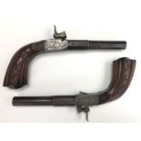 A pair of mid-19th Century French / Belgian percussion pistols, each having an 11 cm turn-off rifled