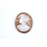 A Victorian shell cameo brooch depicting a classical Bacchanalian profile bust, in rolled gold