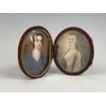 A cased pair of Georgian portrait miniatures, likely mother and daughter, the elder that of a