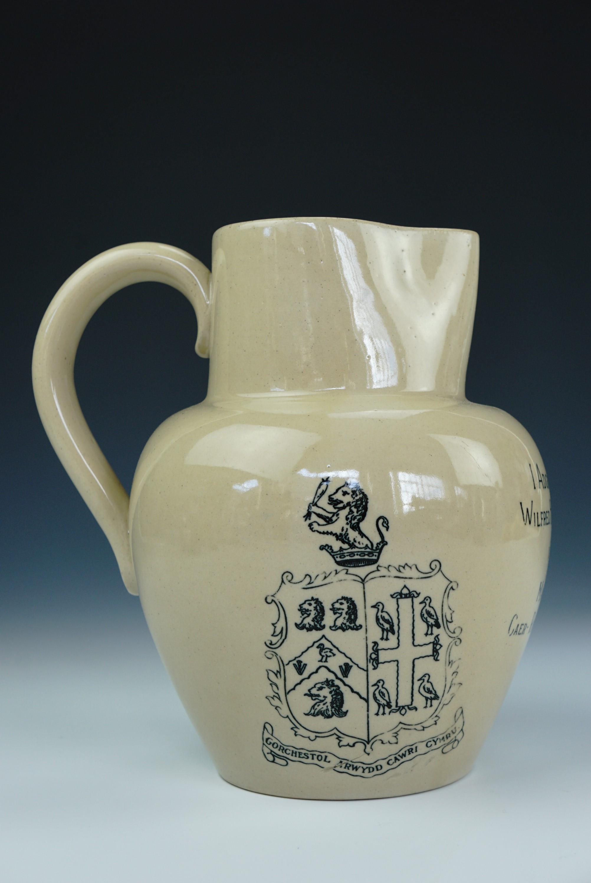 A Bourne Denby Welsh commemorative jug, of shouldered form, with loop handle, cylindrical neck and