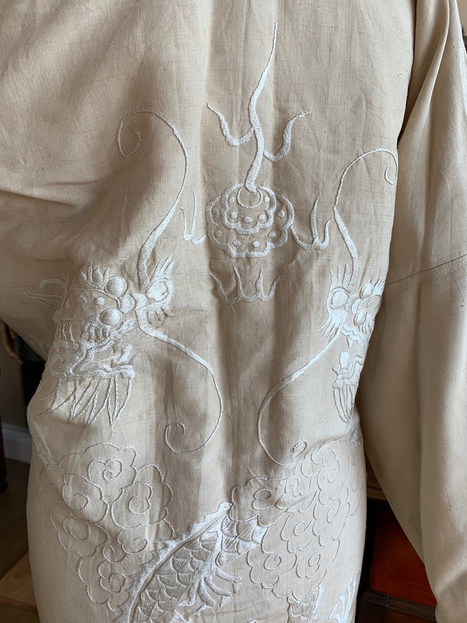 A 1930s Chinese robe or lady's house coat, the natural ground silk embroidered in depiction of - Image 5 of 5