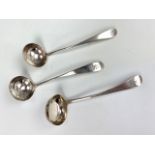 Three Georgian Scottish provincial silver sauce ladles, old English pattern, each by Perth