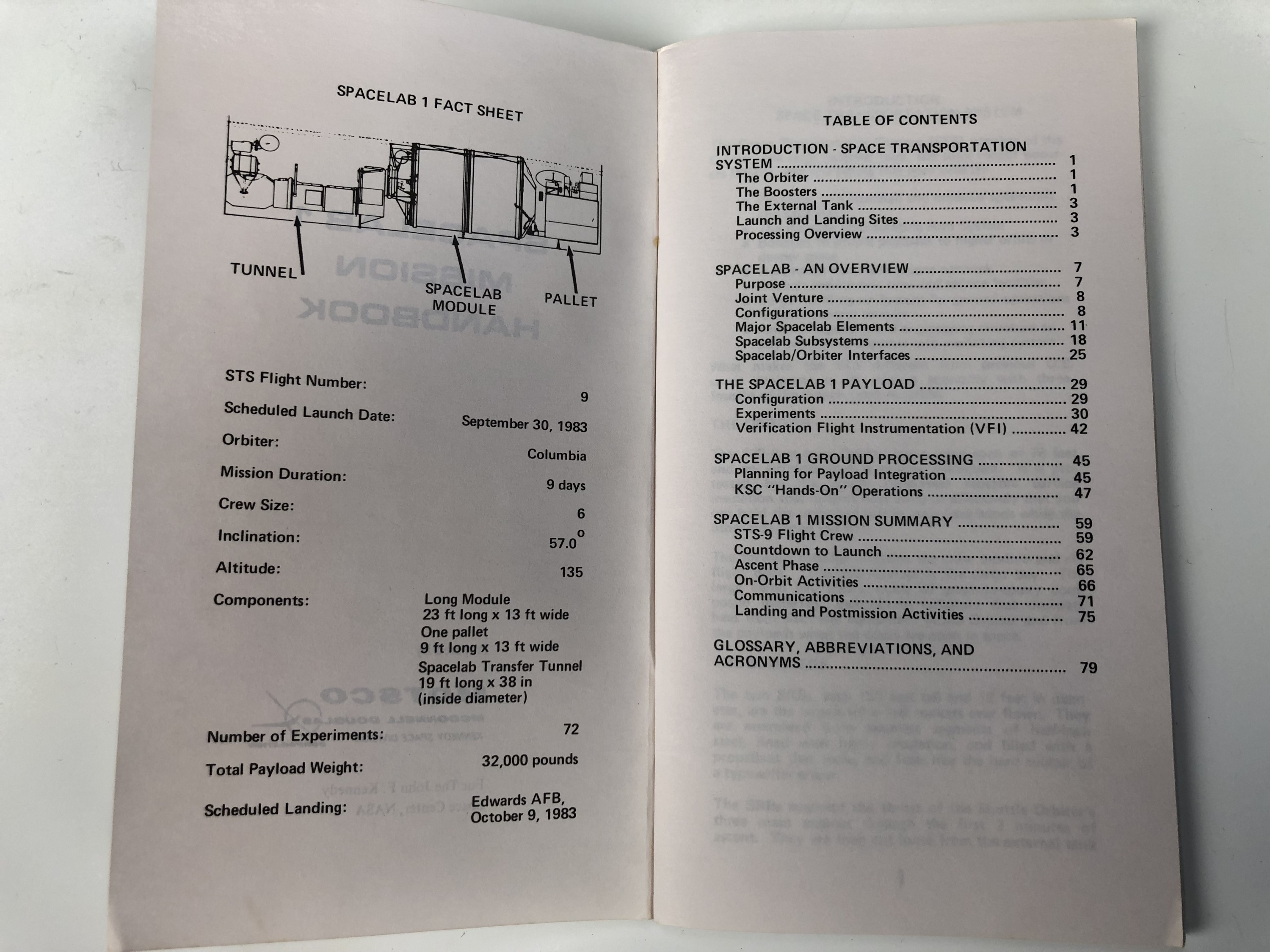 A Spacelab 1 Mission Handbook, McDonnell Douglas Corporation Kennedy Space Division for the JFK - Image 2 of 2