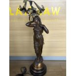 An early 20th Century Art Nouveau bronzed spelter figural table lamp of considerable stature, 107