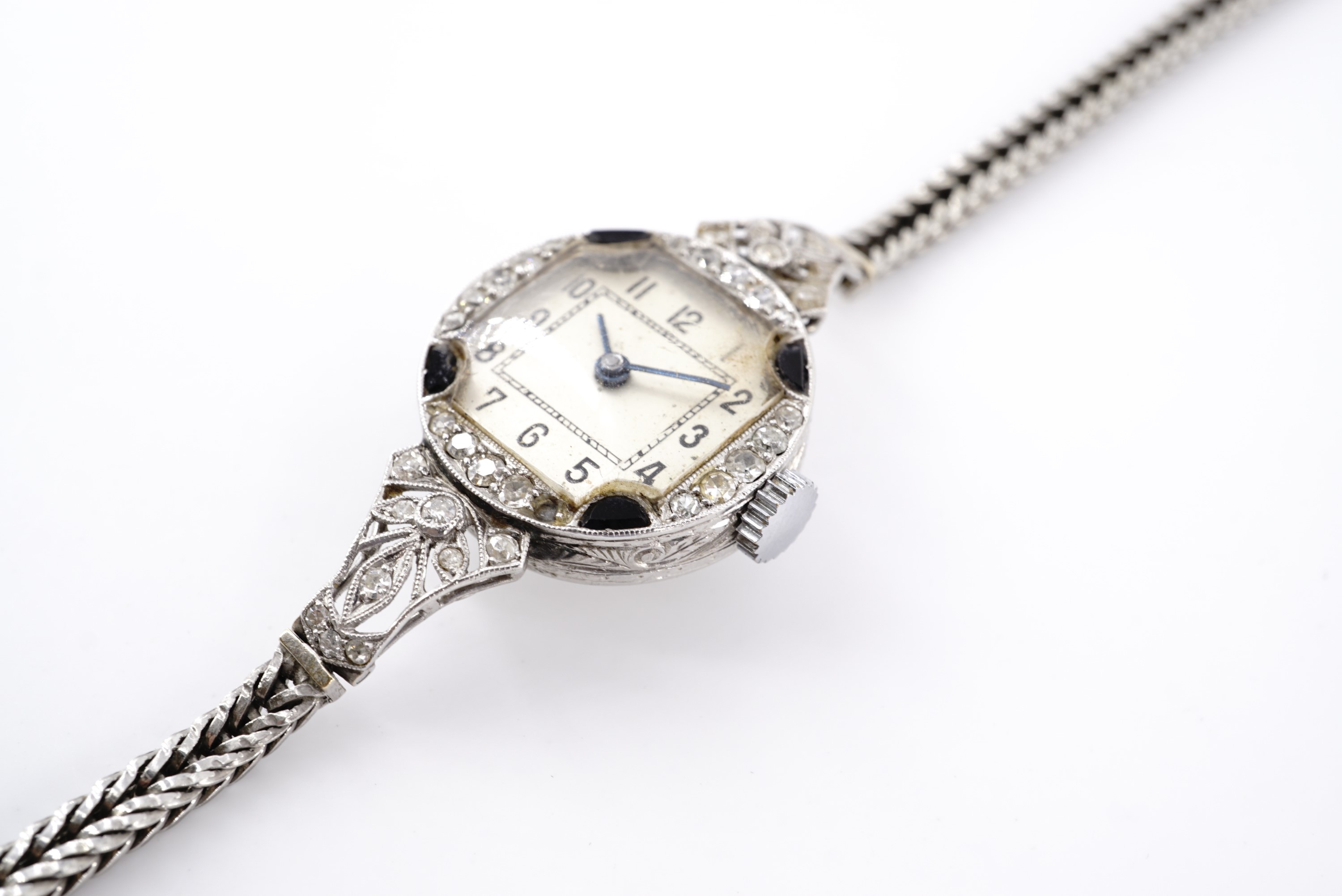 A 1920s Art Deco platinum, diamond and blue stone cocktail watch, having a Swiss 17 jewel movement - Image 2 of 3