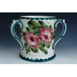 A large Wemyss Ware pottery tygg, of cylindrical form, decorated with cabbage roses to the
