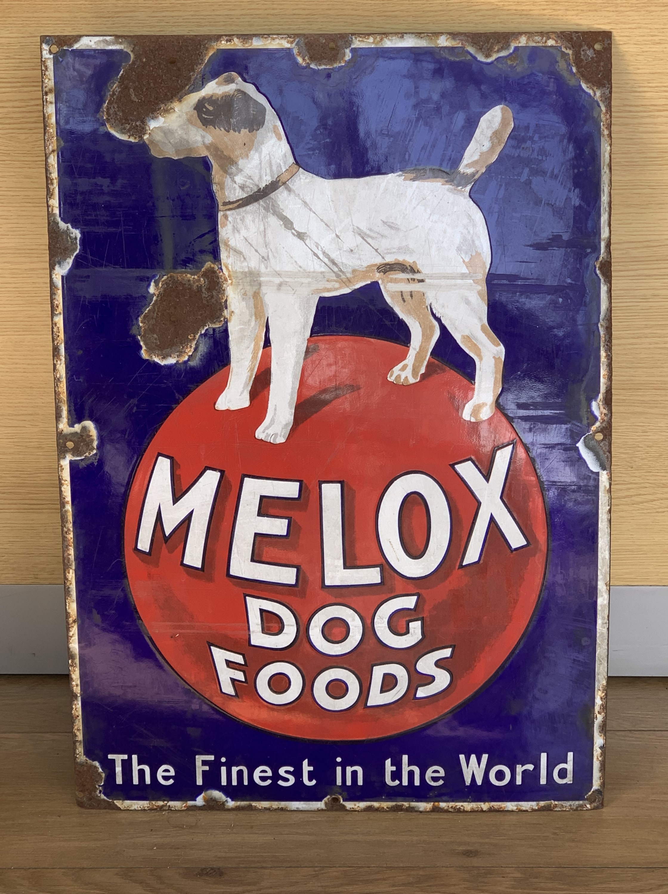 A vintage glass enamelled sign advertising "Melox Dog Foods", 66 x 46 cm - Image 2 of 2