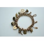 A vintage 9 ct gold charm bracelet, the curb link chain having a padlock clasp and carrying an