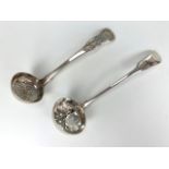 Two antique silver dredging / casting spoons, including a William IV King's pattern spoon,