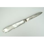 A Victorian silver folding fruit knife, having mother of pearl grip scales, engraved as feathers,
