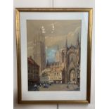 (19th Century) A large scale study of a Dutch cathedral towering above a town square, the figures