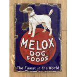 A vintage glass enamelled sign advertising "Melox Dog Foods", 66 x 46 cm