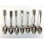 Seven Georgian Scottish Provincial dessert spoons, fiddle and old English pattern, including James