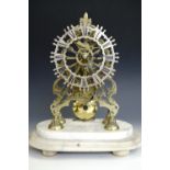A Victorian skeleton clock, on white marble platform base, (dome associated and ill fitting)