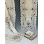 Fine Belle Epoque luncheon and tea table linens, comprising table runner and matching napkins, and a