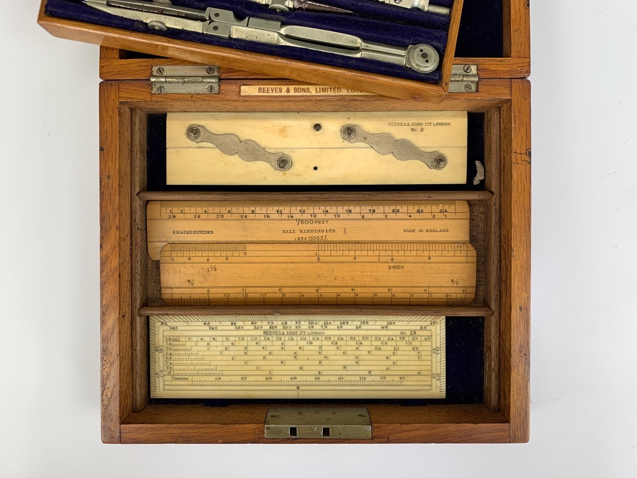 A late Victorian oak-cased set of draughtsman's drawing instruments by Reeves & Sons Ltd of - Image 2 of 2