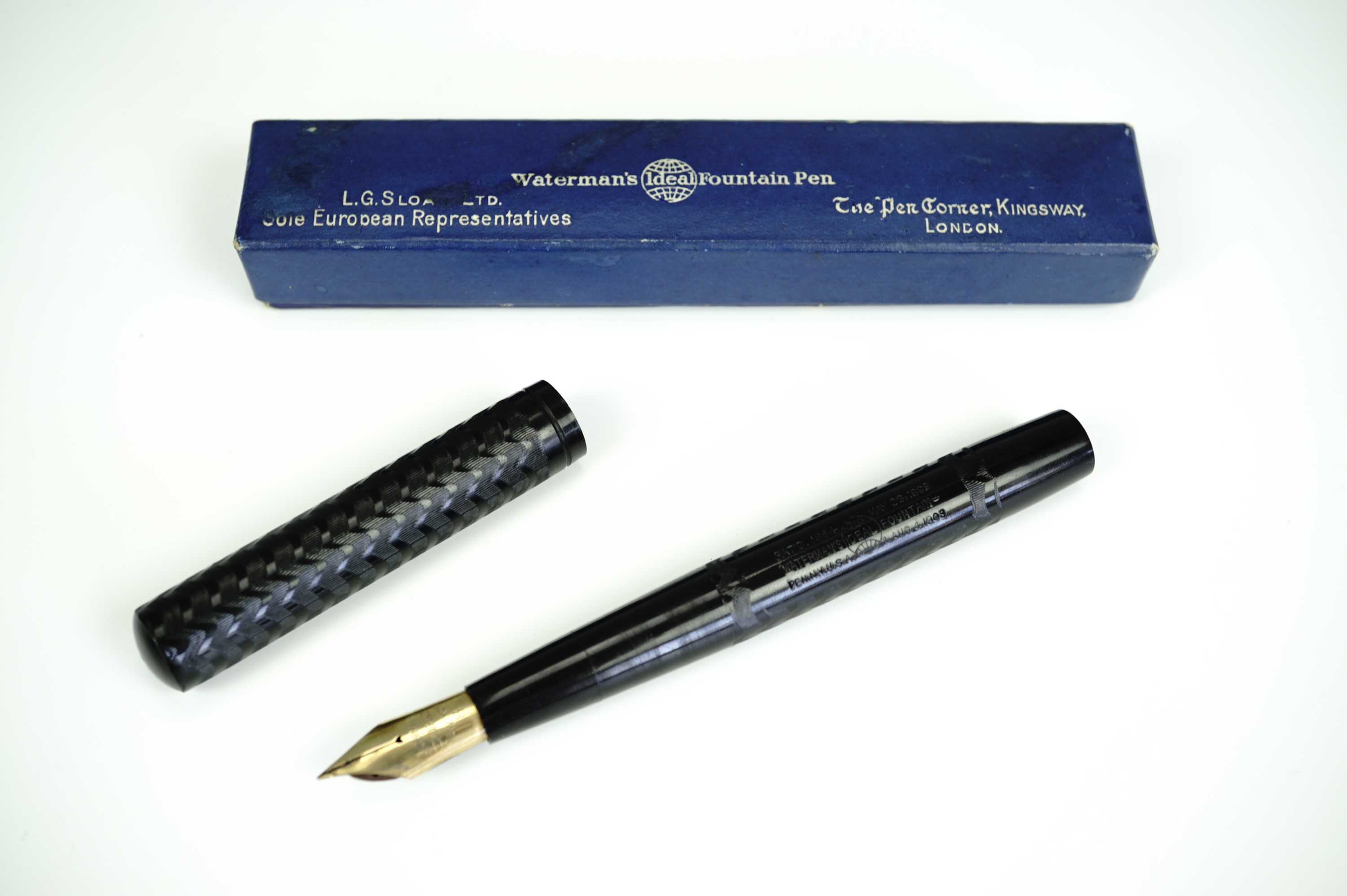 An early 20th Century Waterman fountain pen, having a black Vulcanite case, numbered 18, with No 8