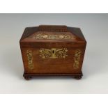 A William IV brass-inlaid rosewood two-compartment tea caddy, 19 cm x 13 cm x 16 cm