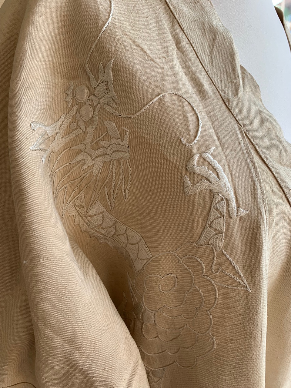 A 1930s Chinese robe or lady's house coat, the natural ground silk embroidered in depiction of - Image 4 of 5