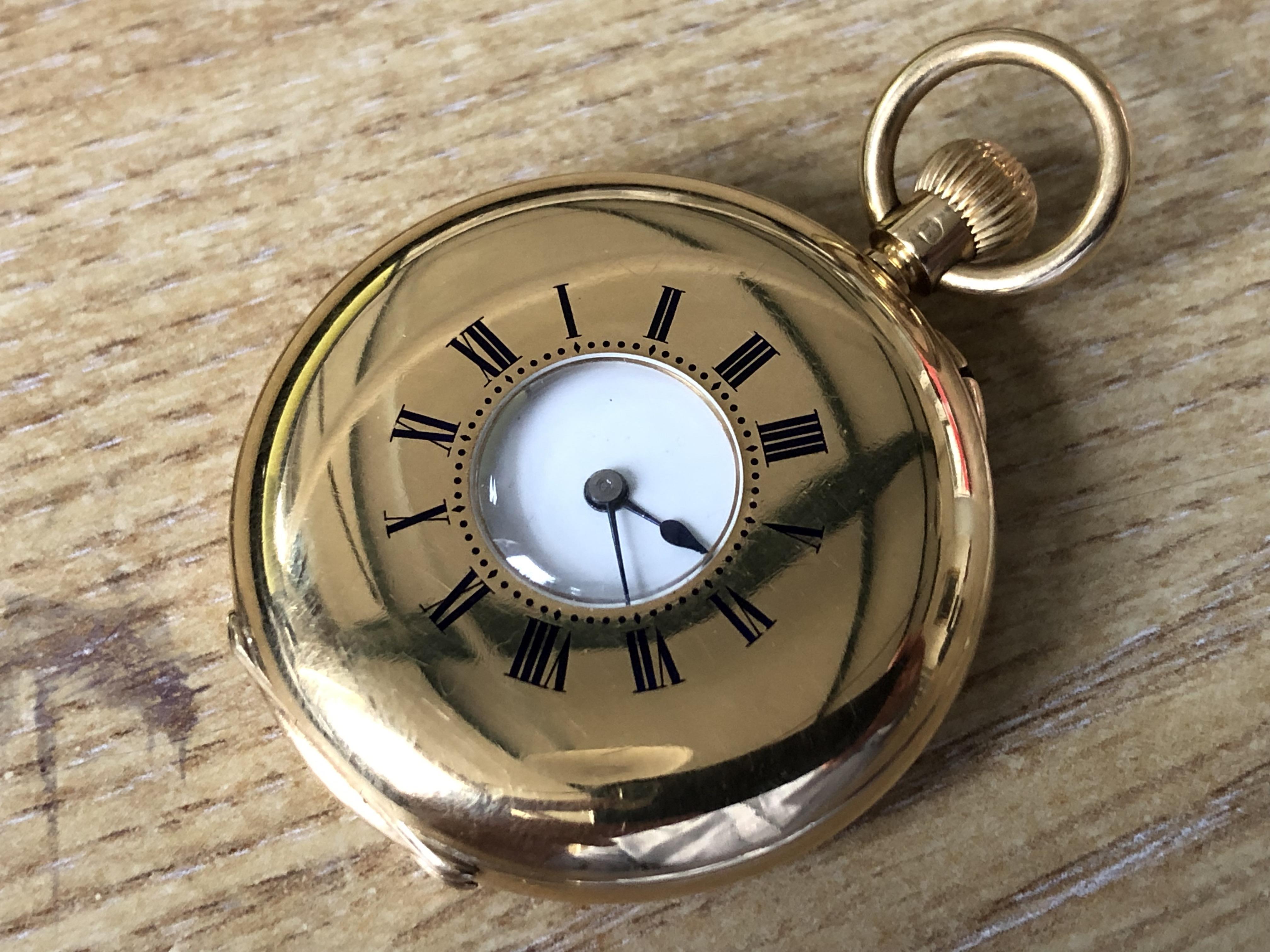 A late Victorian 18 ct gold half hunter fob watch by Barrie of Edinburgh, having a crown-wound pin- - Image 4 of 6