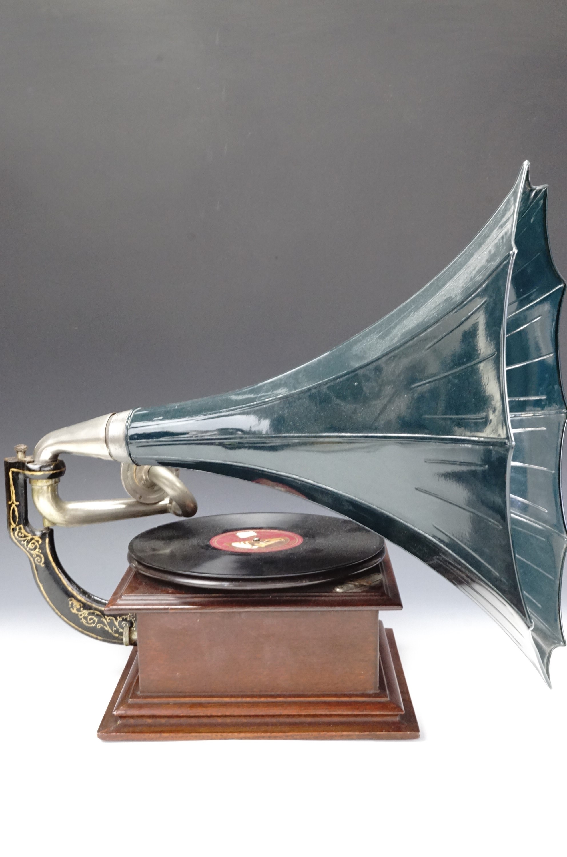 An early 20th Century table top gramophone with Garrard No. 20 motor, "Crescendo" Junior sound