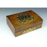 A Victorian walnut playing cards box with brass mounts, the latter depicting three fanned cards,