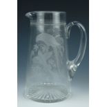 A late Victorian finely etched glass jug, decorated in depiction of exotic birds, 20.5 cm