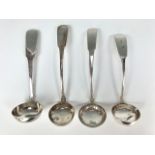 Four Georgian Scottish provincial silver sauce ladles, fiddle pattern, engraved with initials,