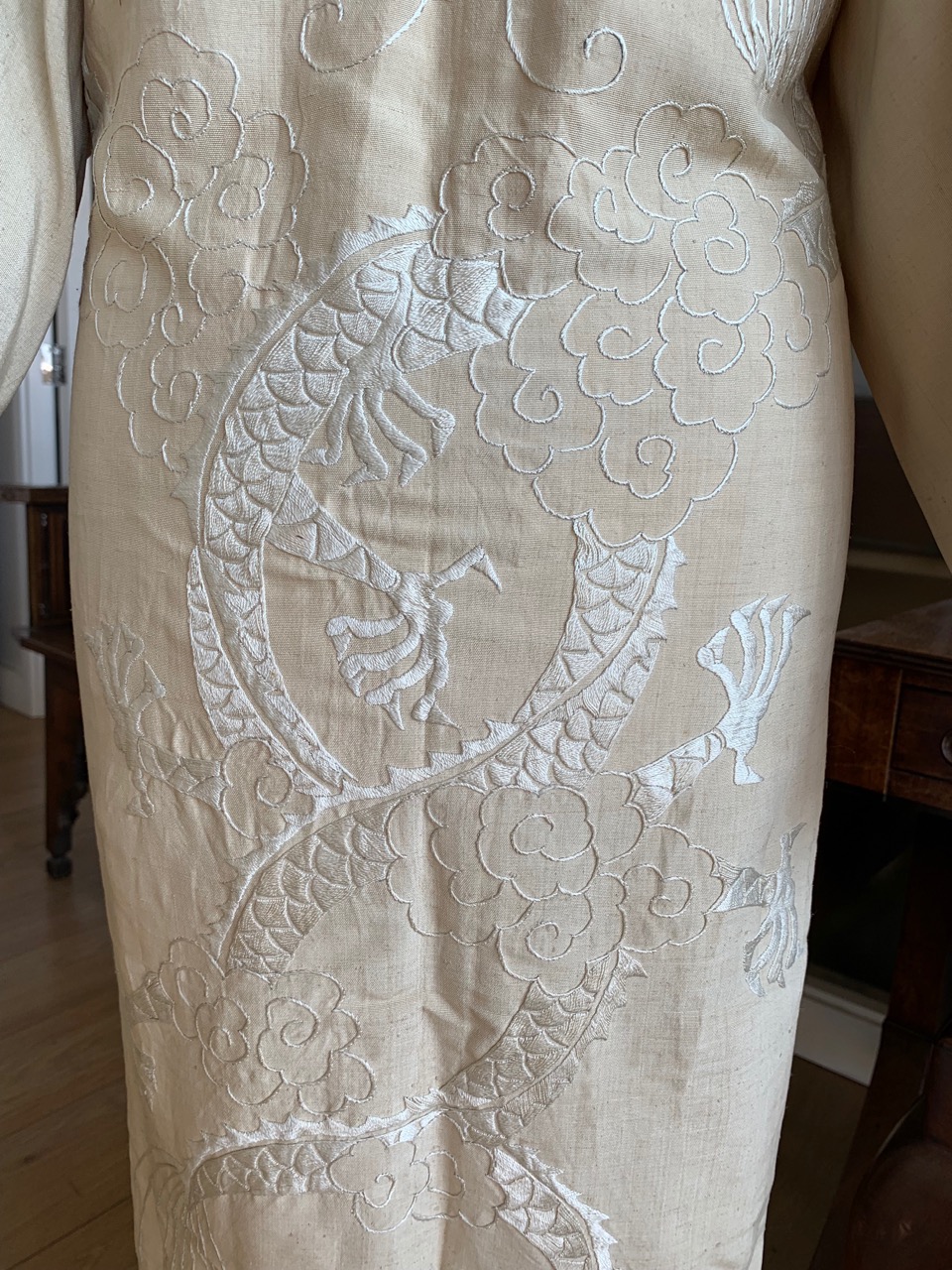 A 1930s Chinese robe or lady's house coat, the natural ground silk embroidered in depiction of - Image 3 of 5