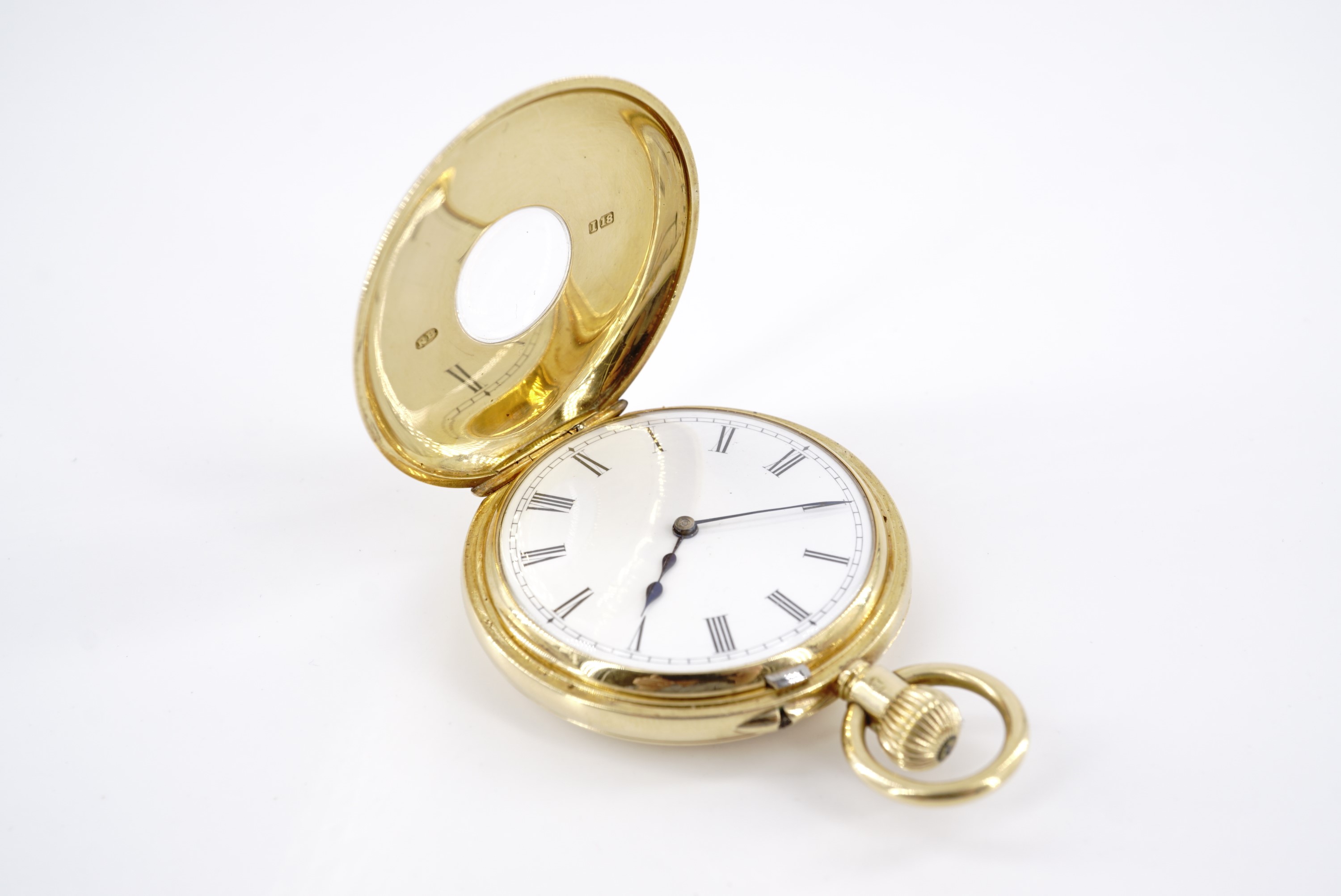 A late Victorian 18 ct gold half hunter fob watch by Barrie of Edinburgh, having a crown-wound pin-