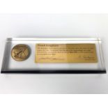 A 1983 space flown medallion and given for exceptional contribution to the programme, 21 cm x 7 cm