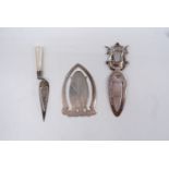 Three silver and white metal novelty book markers / bookmarks, one modelled as a trowel, Birmingham,