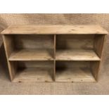 Two contemporary pine low open-fronted book / display cases, 122 cm x 36 cm x 72 cm and 98 cm x 36