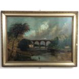 A mid 19th Century view of a steam railway locomotive crossing Wetheral viaduct, oil on board, in