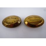 Two 19th Century Welsh brass miners' snuff boxes, punched with a name and address, both 5 x 7 cm